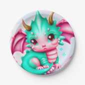 かわいいかわいいティール（緑がかった色）とピンクベビードラゴン ペーパープレート (正面)