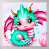 かわいいかわいいティール(緑がかった色)とピンクベビードラゴン ポスター (正面)