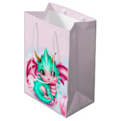 かわいいかわいいティール（緑がかった色）とピンクベビードラゴン ミディアムペーパーバッグ (正面アングル)