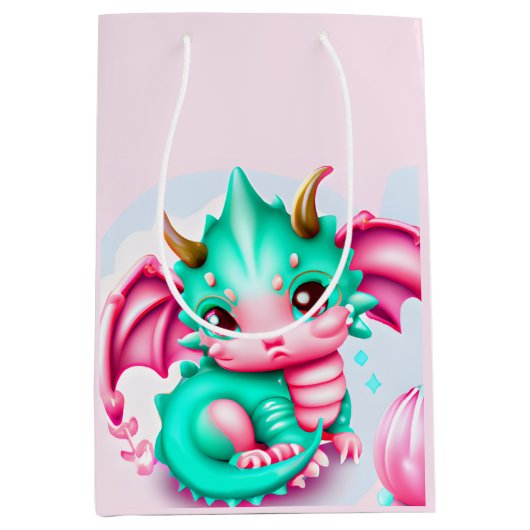 かわいいかわいいティール（緑がかった色）とピンクベビードラゴン ミディアムペーパーバッグ (正面)