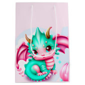 かわいいかわいいティール（緑がかった色）とピンクベビードラゴン ミディアムペーパーバッグ (裏面)