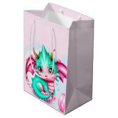 かわいいかわいいティール（緑がかった色）とピンクベビードラゴン ミディアムペーパーバッグ (裏面アングル)