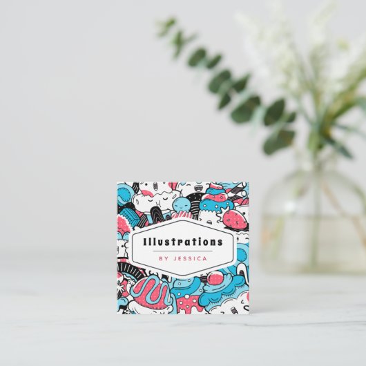 かわいいかわいいデザートパターングラフィックデザイナー甘い スクエア名刺 (スタンド正面)