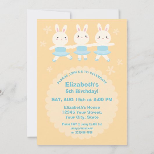 かわいいかわいいバニーラビットバレリーナガール誕生日 招待状 (正面)