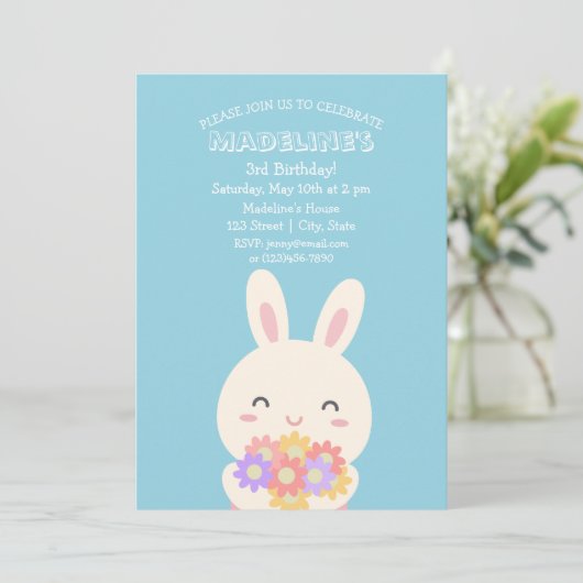 かわいいかわいいバニーラビット&フラワーズ子供の誕生日 招待状 (スタンド正面)