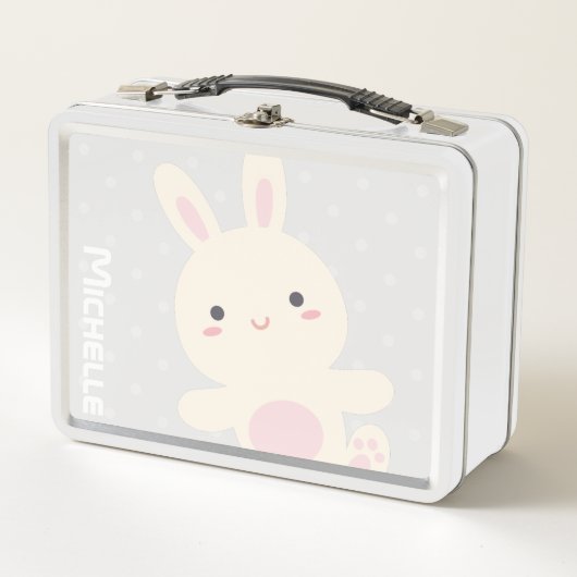 かわいいかわいいバニー&水玉模様キッズ名前をカスタムする メタルランチボックス (正面)