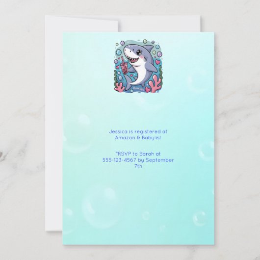 かわいいかわいいバブルティーシャークベイビーシャワー 招待状 (裏面)