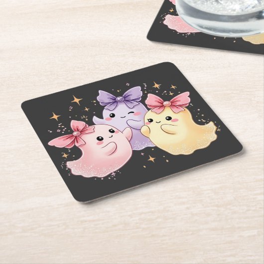 かわいいかわいいパステル幽霊とスパークリー弓 スクエアペーパーコースター (アングル)