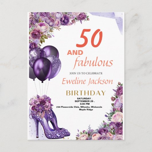 かわいいかわいいパープル誕生日 インビテーションポストカード (正面)