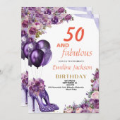 かわいいかわいいパープル誕生日 招待状 (正面/裏面)