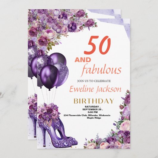 かわいいかわいいパープル誕生日 招待状 (正面/裏面)