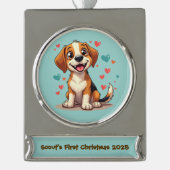 かわいいかわいいビーグルとハートよくはしゃぐドッグアート シルバープレートバナーオーナメント (正面)