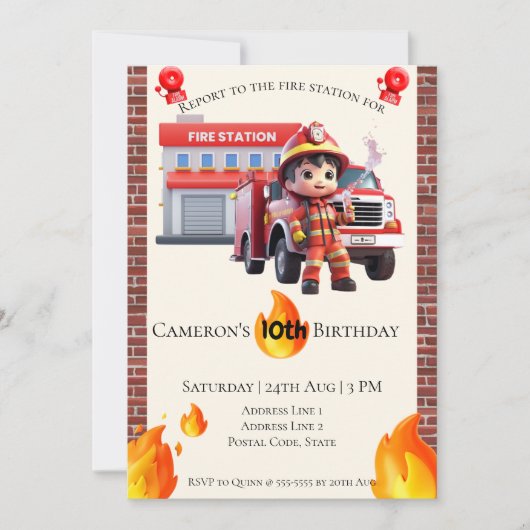 かわいいかわいいファイアファイターボーイ誕生日 招待状 (正面)