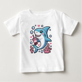かわいいかわいいブルーハッピーシャークピンクバブルティー ベビーTシャツ