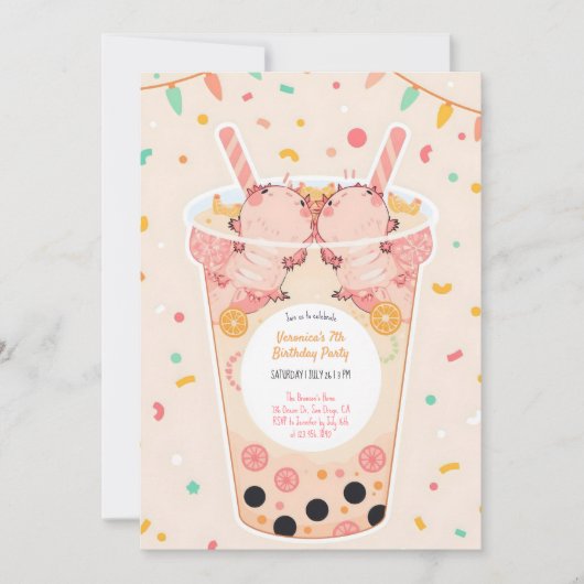 かわいいかわいいボバブルティーアクソロトル誕生日 招待状 (正面)