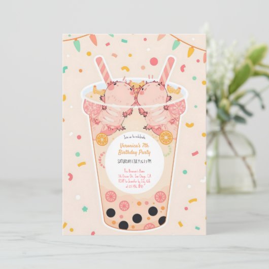 かわいいかわいいボバブルティーアクソロトル誕生日 招待状 (スタンド正面)
