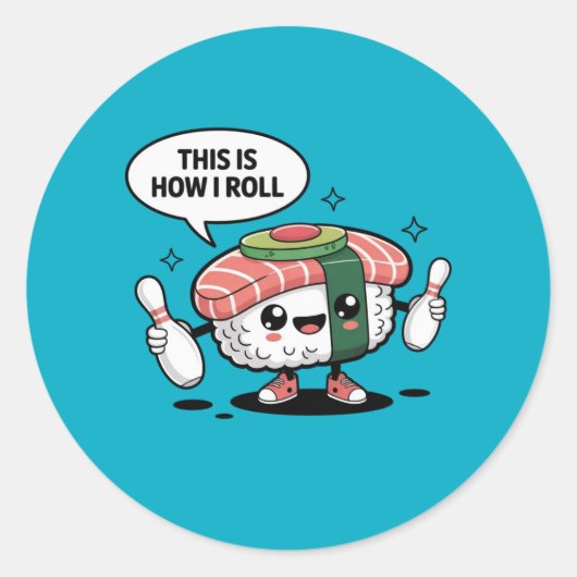 かわいいかわいいボーリングピン付き寿司 ラウンドシール (正面)