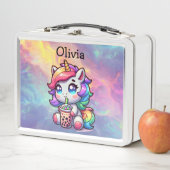 かわいいかわいいユニコーンとバブルティーパーソナライズされた メタルランチボックス (インサイチュ)