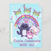 かわいいかわいいレインボーバースデーパーティ招待状 (正面/裏面)