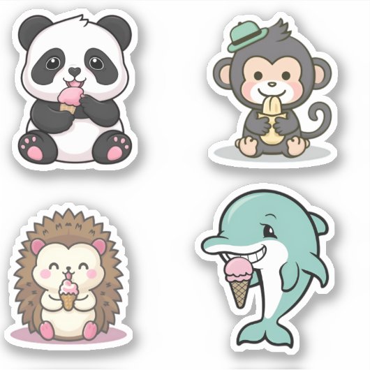 かわいいかわいい動物とアイスクリームを楽しむ シール (正面)
