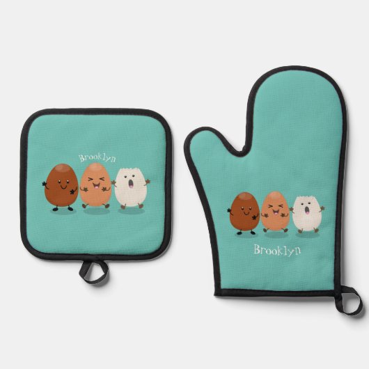 かわいいかわいい卵おもしろい漫画イラストレーション 鍋つかみ&鍋敷きセット (正面)