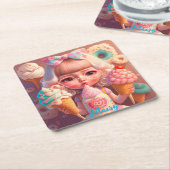 かわいいかわいい女の子とアイスクリーム スクエアペーパーコースター (アングル)