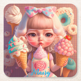 かわいいかわいい女の子とアイスクリーム スクエアペーパーコースター