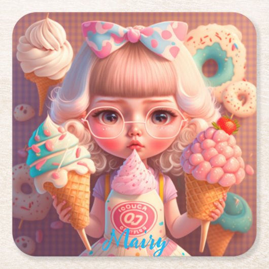 かわいいかわいい女の子とアイスクリーム スクエアペーパーコースター (正面)