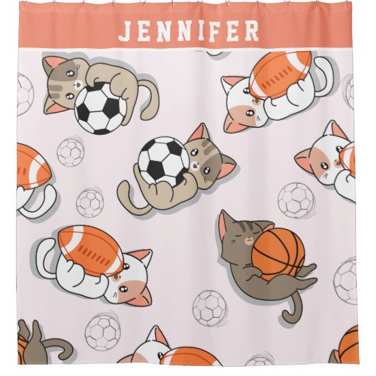 かわいいかわいい子猫とスポーツボール女の子の名前キッズ シャワーカーテン (正面)