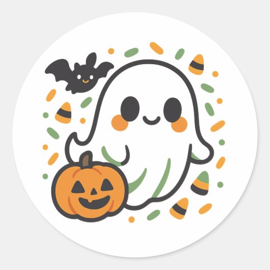 かわいいかわいい幽霊ハロウィンステッカーおもしろい ラウンドシール (正面)