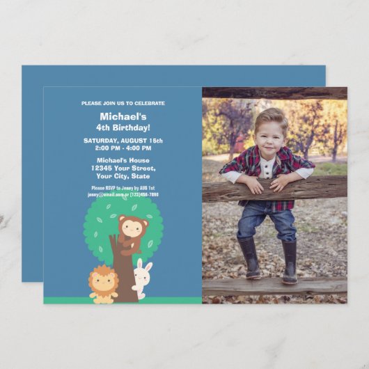 かわいいかわいい森林動物キッズボーイ誕生日写真 招待状 (正面/裏面)