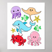 かわいいかわいい海洋生物コラージュ子供部屋アート ポスター (正面)