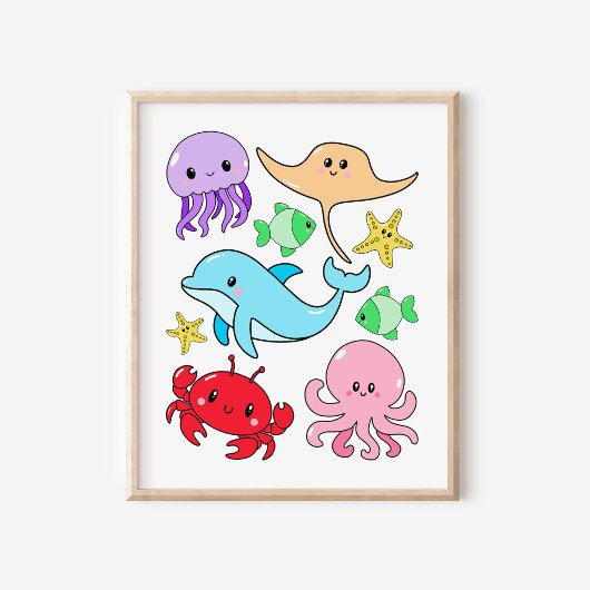 かわいいかわいい海洋生物コラージュ子供部屋アート ポスター