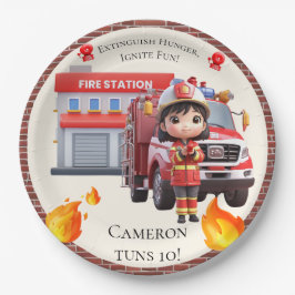かわいいかわいい消防士の女の子と消防車 ペーパープレート