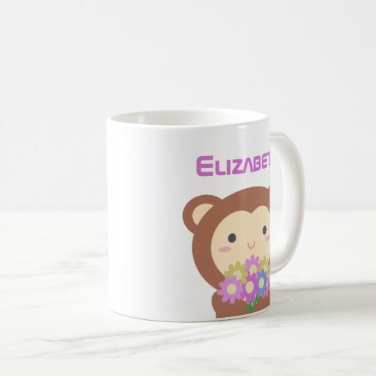 かわいいかわいい漫画モンキーパープルピンクの花 コーヒーマグカップ (正面右)