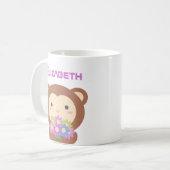 かわいいかわいい漫画モンキーパープルピンクの花 コーヒーマグカップ (正面左)