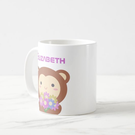 かわいいかわいい漫画モンキーパープルピンクの花 コーヒーマグカップ (正面左)