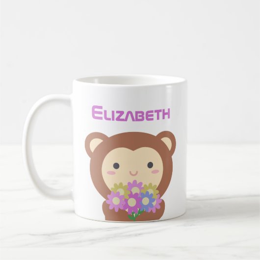 かわいいかわいい漫画モンキーパープルピンクの花 コーヒーマグカップ (左)