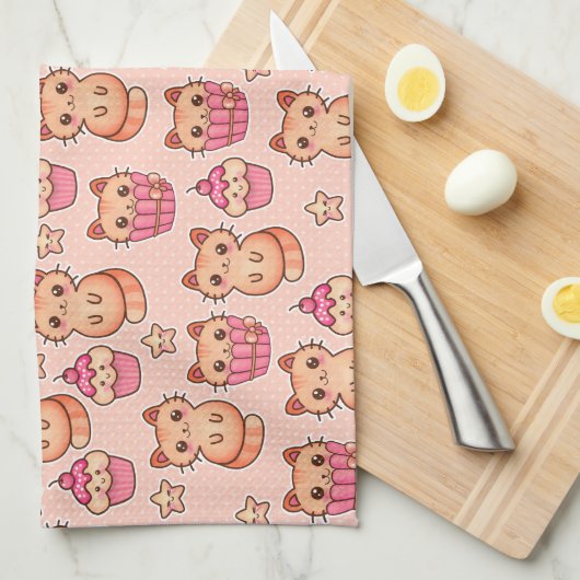 かわいいかわいい猫とカップケーキのピンク キッチンタオル (四つ折り)