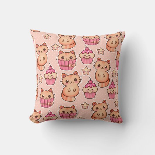 かわいいかわいい猫とカップケーキのピンク クッション (正面)