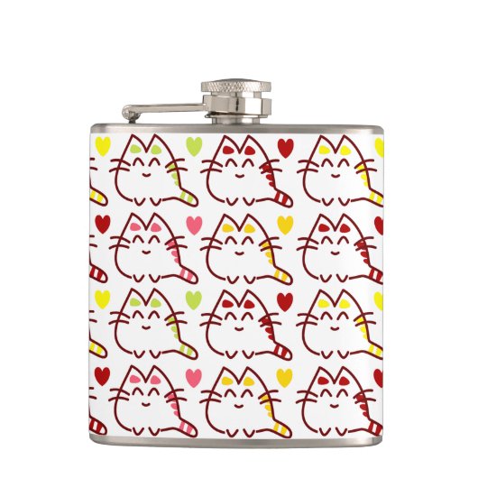 かわいいかわいい猫とハート柄 フラスク (正面)