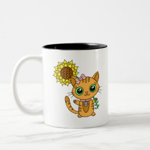 かわいいかわいい猫の花を持つ ツートーンマグカップ