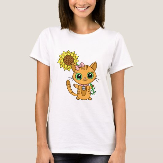 かわいいかわいい猫の花を持つ Tシャツ (正面)