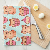 かわいいかわいい猫カップケーキピンクとブルーのパターン キッチンタオル (四つ折り)