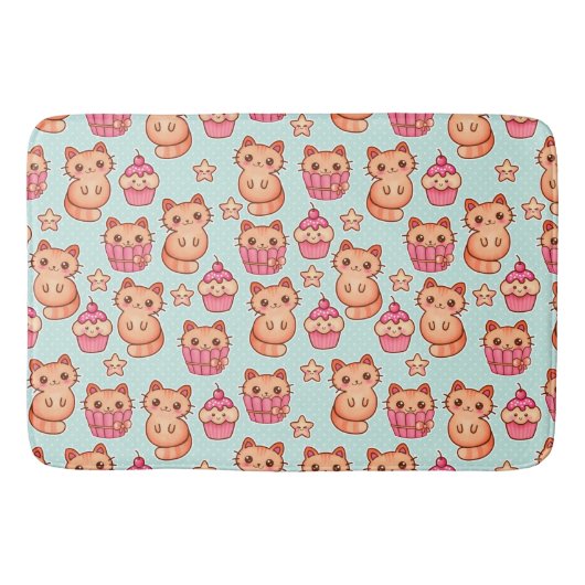 かわいいかわいい猫カップケーキピンクとブルーのパターン バスマット (正面)