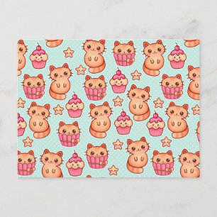 かわいいかわいい猫カップケーキピンクとブルーのパターン ポストカード