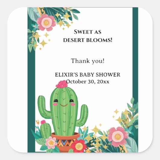 かわいいかわいい砂漠開花フローラサボテン赤ちゃんシャワー スクエアシール (正面)