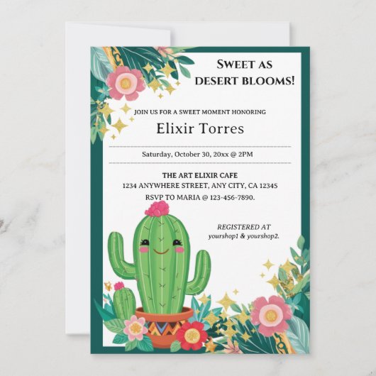 かわいいかわいい砂漠開花フローラサボテン赤ちゃんシャワー 招待状 (正面)