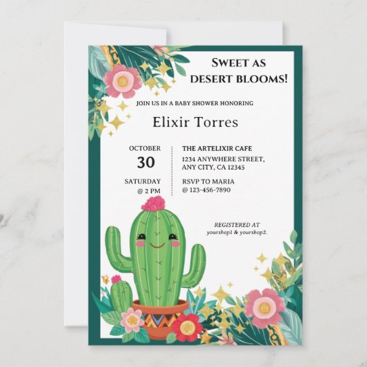 かわいいかわいい砂漠開花フローラサボテン赤ちゃんシャワー 招待状 (正面)