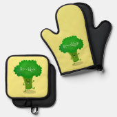 かわいいかわいい踊りブロッコリー漫画イラストレーション 鍋つかみ&鍋敷きセット (正面/裏面)